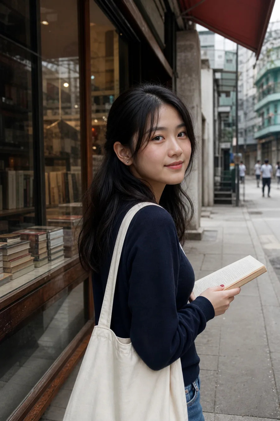 An illustrated student holding a book outside a bookshop, not a photograph of D.K.