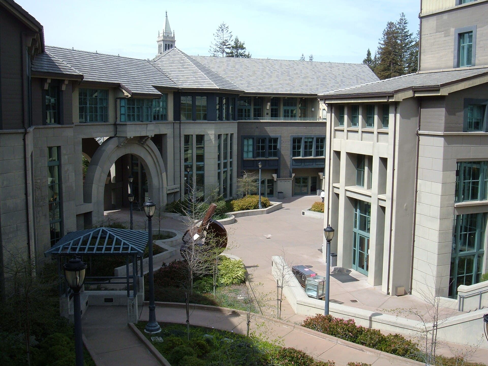 The central courtyard of the Haas School of Business, with Berkeley’s Sather Tower in the distance