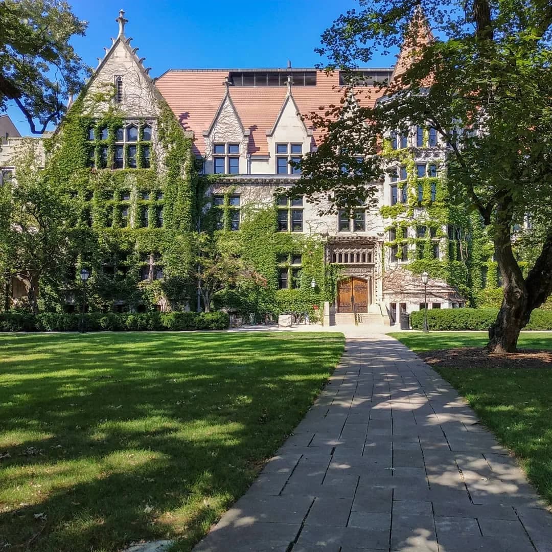 Gothic buildings beside the Harper Quadrangle at the University of Chicago