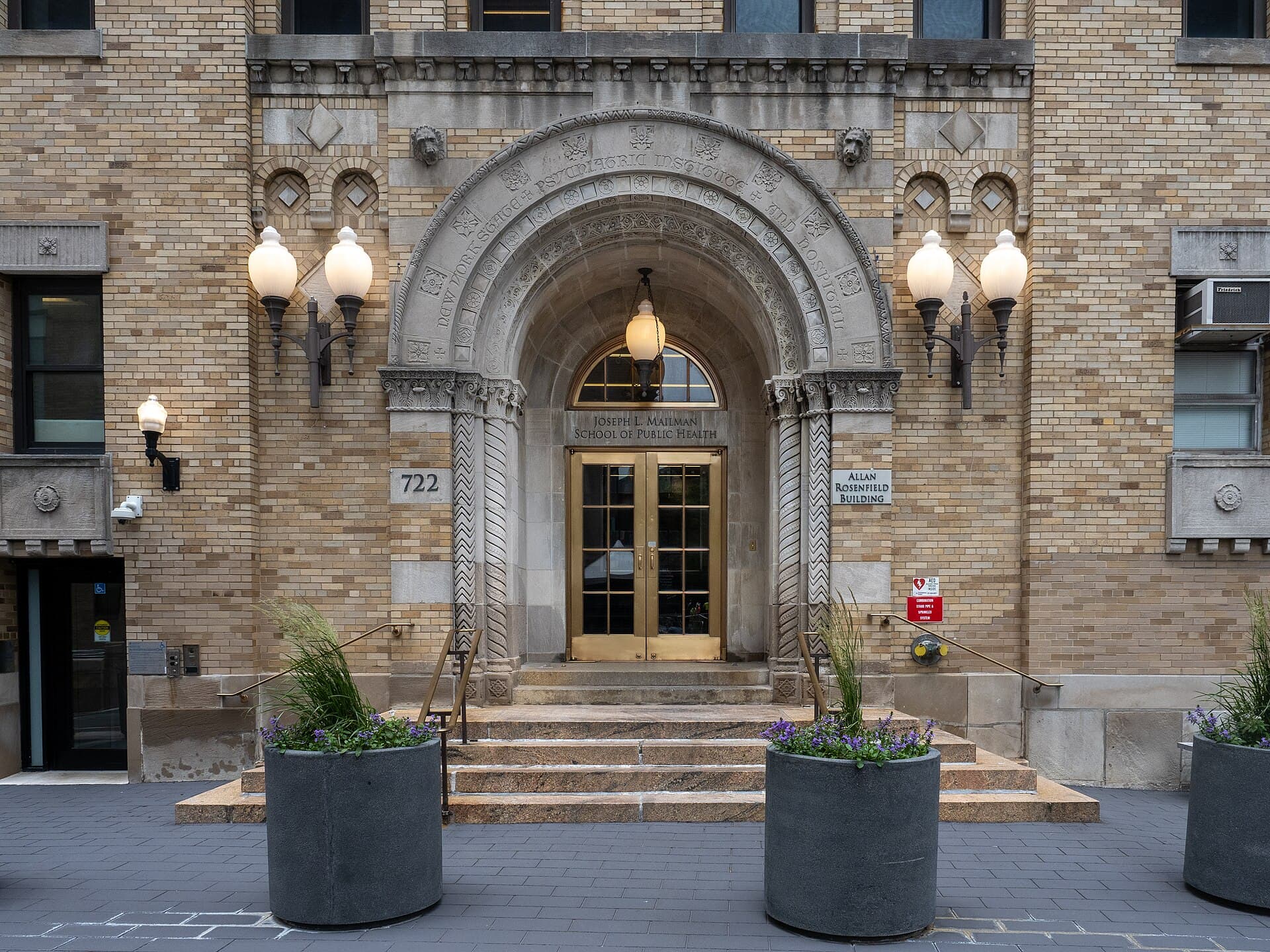The arched stone entrance to Columbia’s Mailman School of Public Health