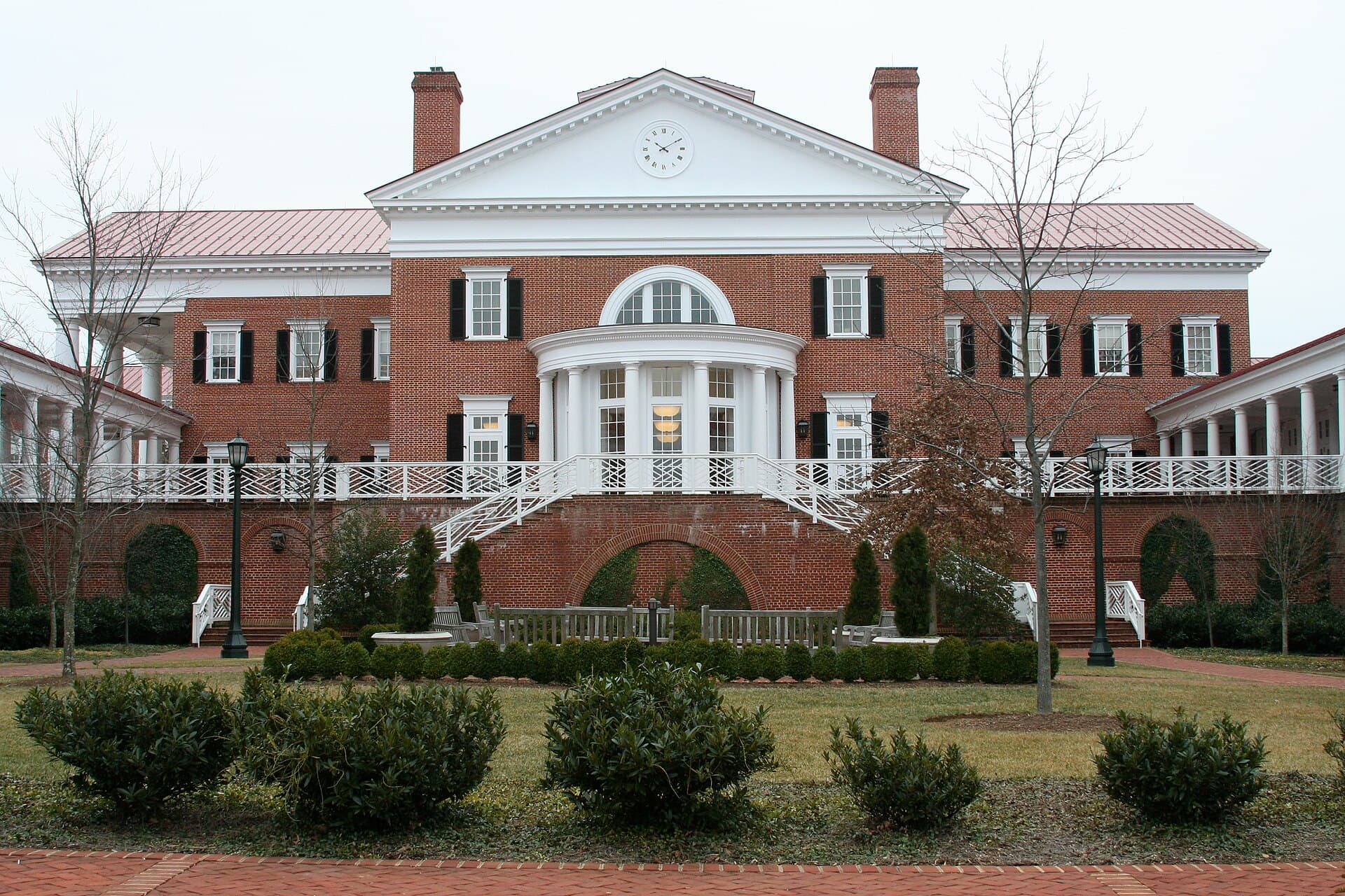 The brick main building of the Darden School of Business at the University of Virginia