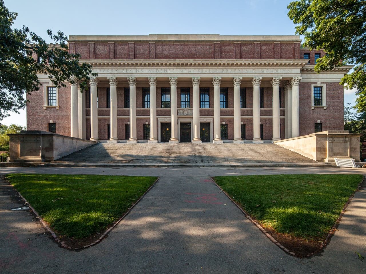 Harvard's Widener Library, a red-brick building with a row of tall white columns above a wide flight of stone steps