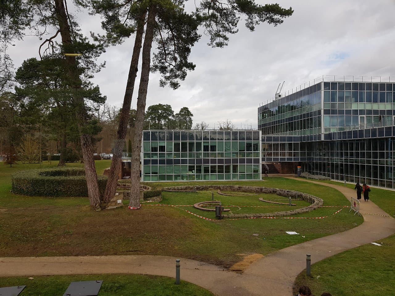 Glass buildings and lawns on INSEAD’s campus in Fontainebleau, framed by tall pines