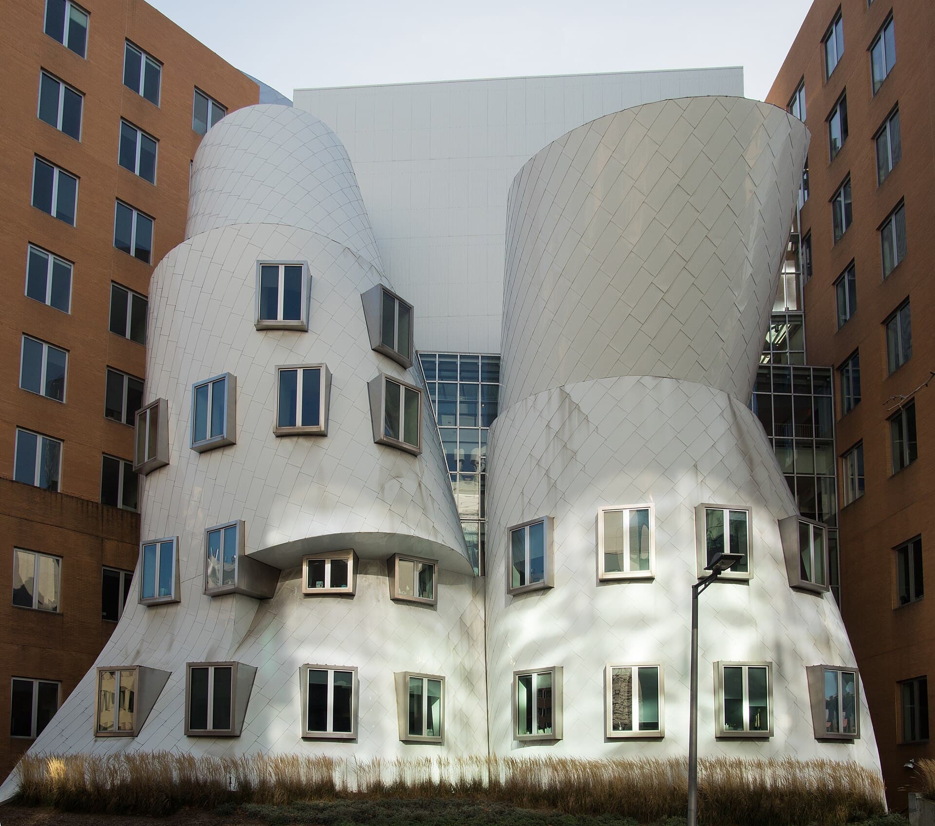 The curved, metal-clad towers of the Stata Center at MIT