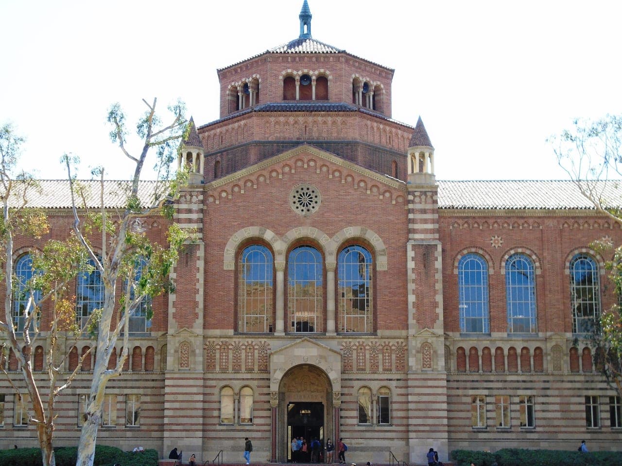 The brick front and domed tower of Powell Library at UCLA