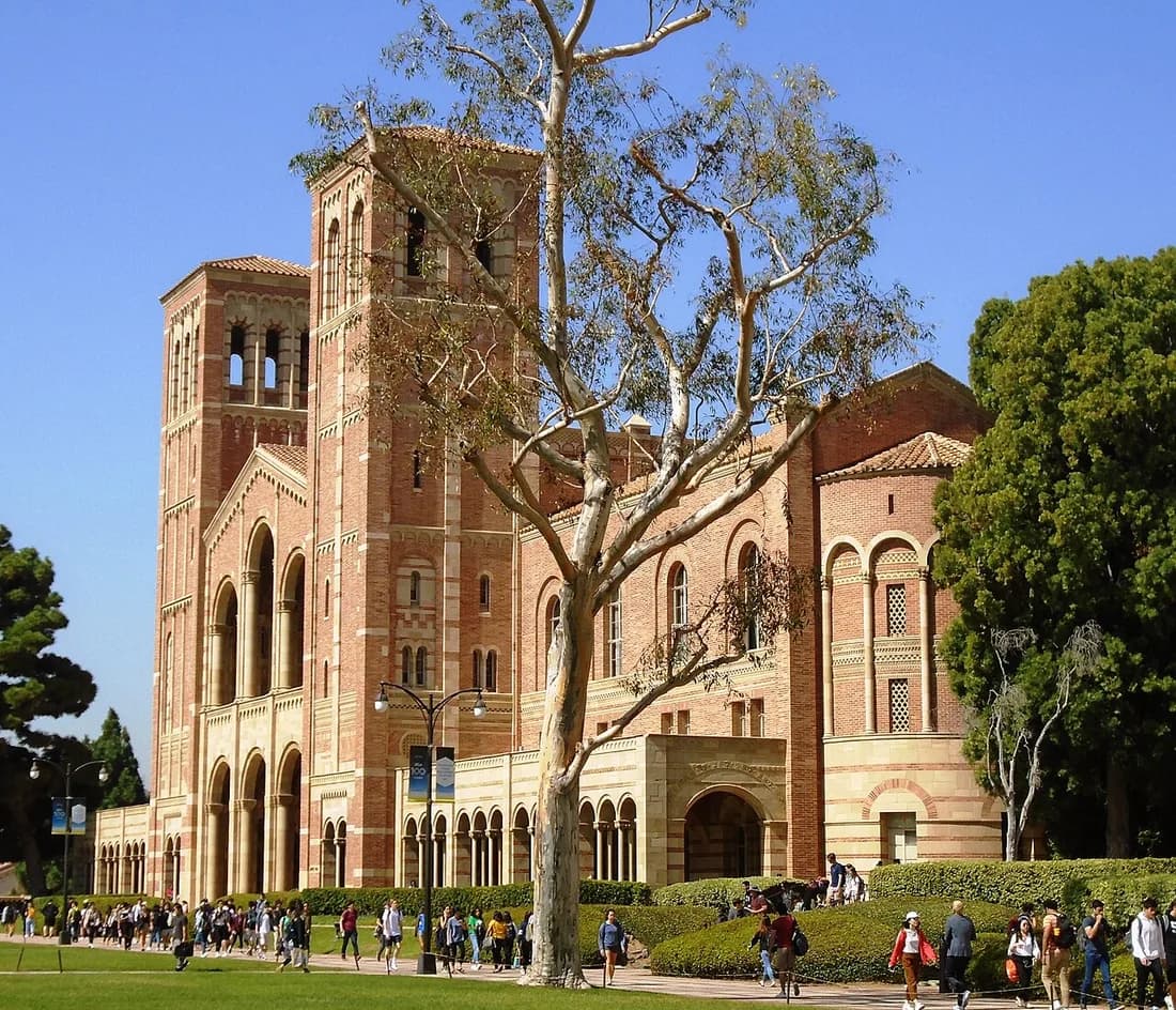 The twin towers and arched facade of Royce Hall at UCLA