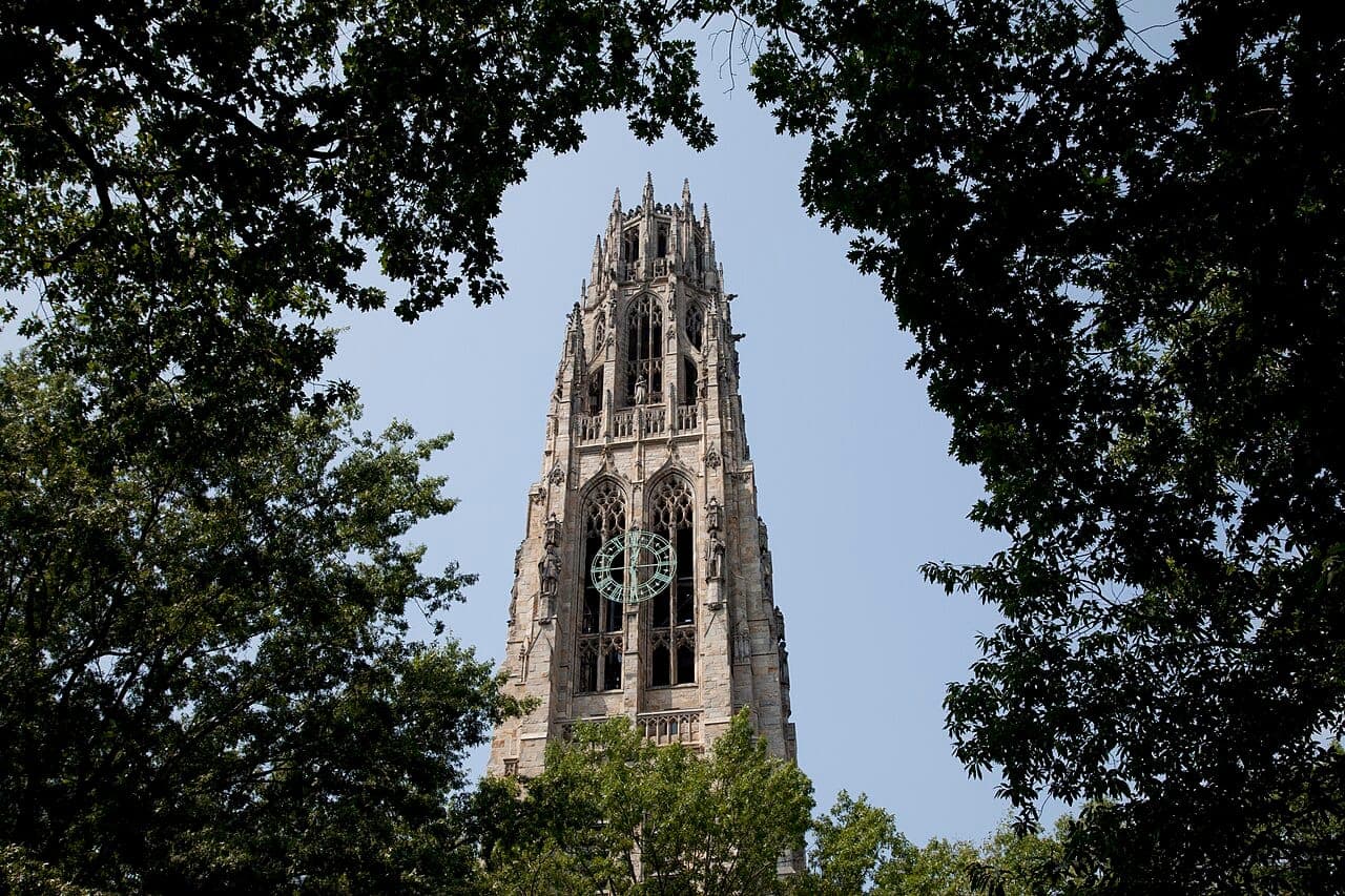 Yale’s Harkness Tower framed by trees
