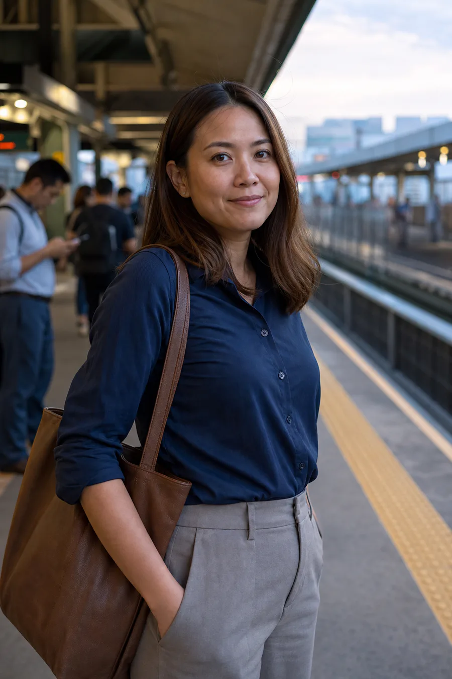 Illustration of a woman with a leather bag standing on a train platform