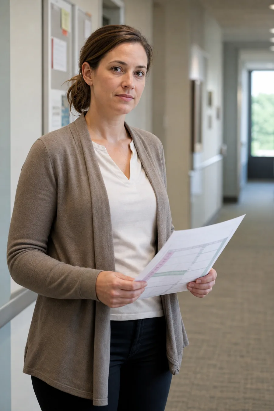 Illustration of a woman holding printed schedules in an office corridor