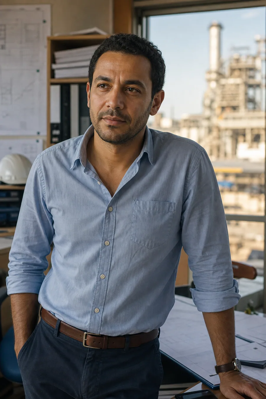 Illustration of a man leaning on a desk of drawings, with an industrial plant visible through the window