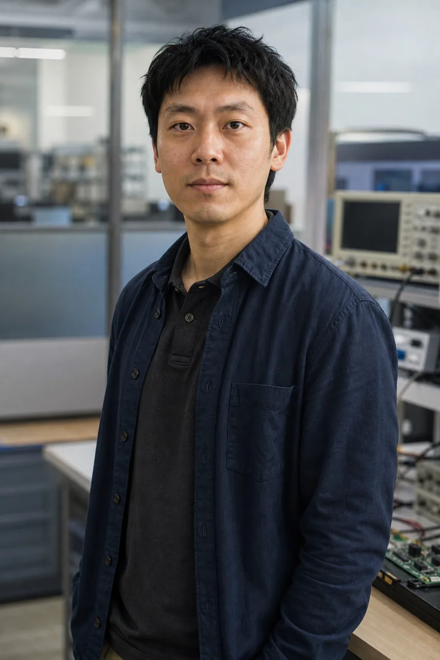 Illustration of a man standing in an electronics lab beside test equipment