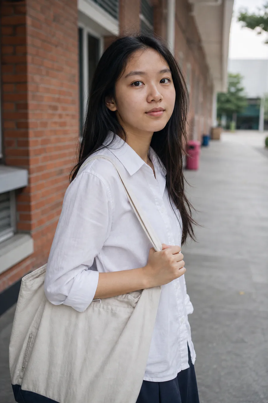 Illustration of a student in a white shirt standing beside a brick building