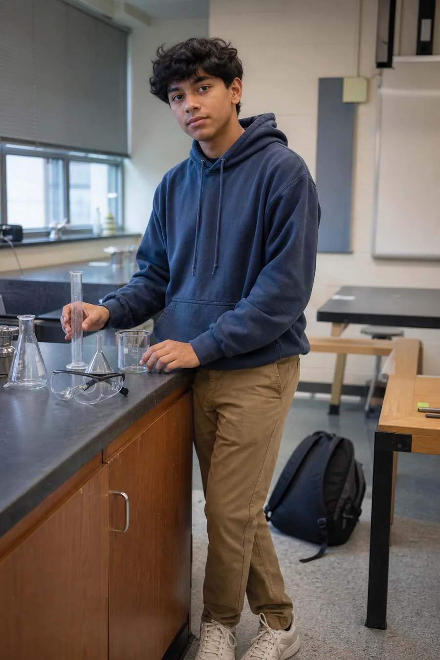 Illustration of a student at a laboratory bench with glassware