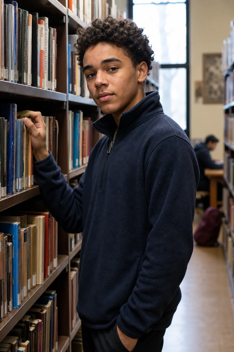 Illustration of a student reaching for a book on a library shelf