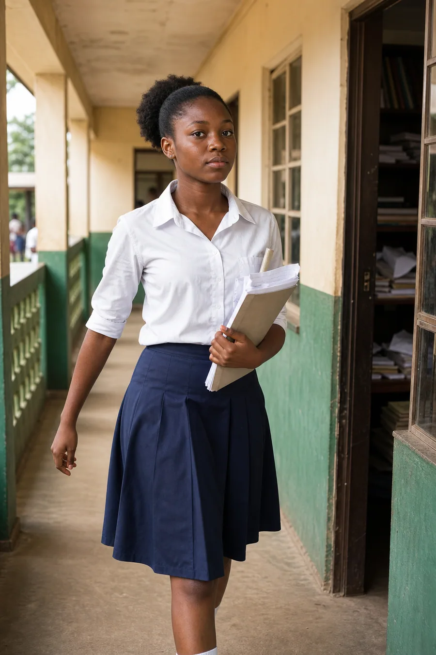 Illustration of a student holding papers in a school corridor