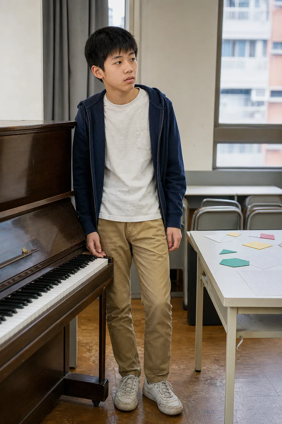 Illustration of a young student standing beside a piano