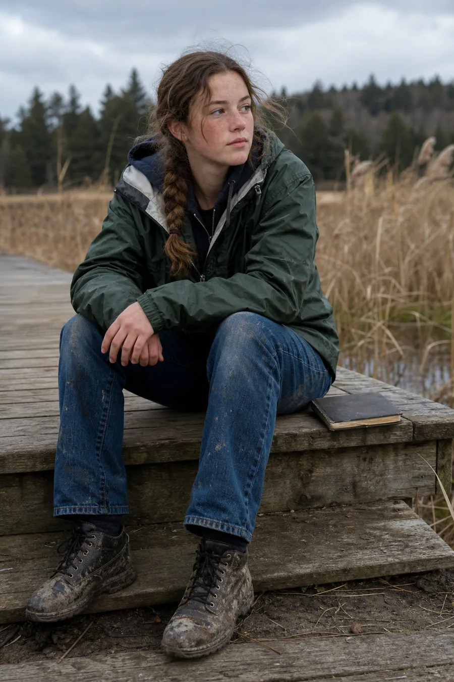 Illustration of a student sitting on a wooden walkway beside a wetland