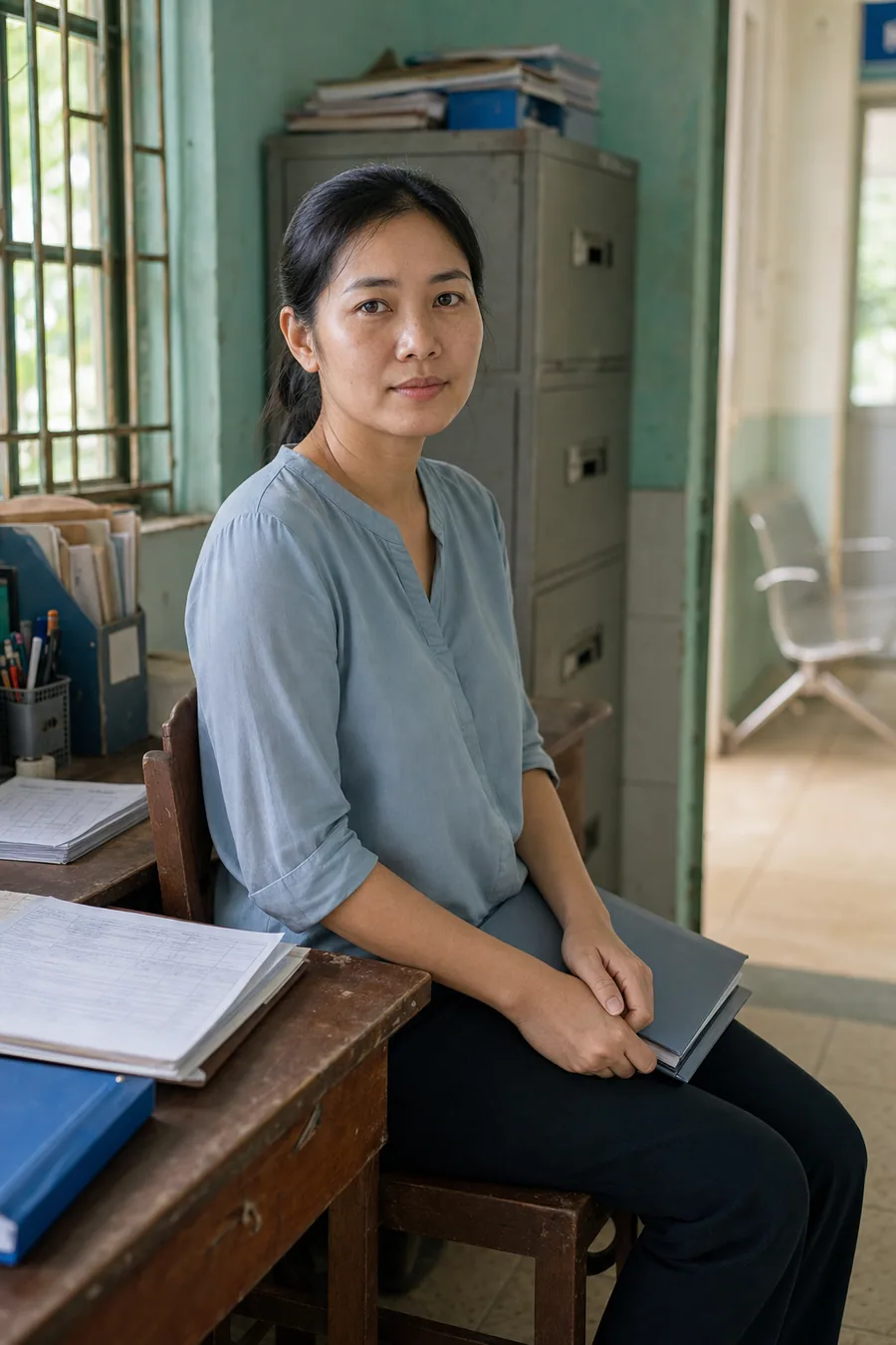 Illustration of a woman seated beside a desk of records in a clinic office
