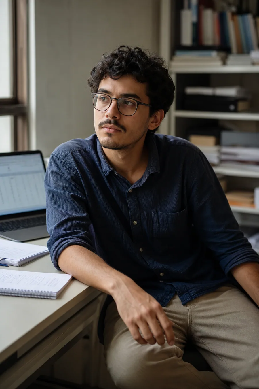 Illustration of a young man in glasses at a desk with a laptop and notebooks