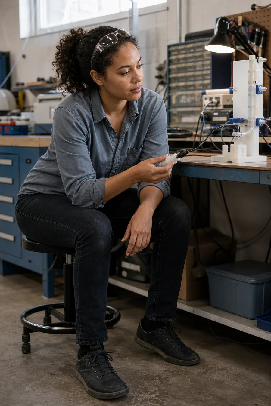 Illustration of a woman at an engineering workbench holding a device component