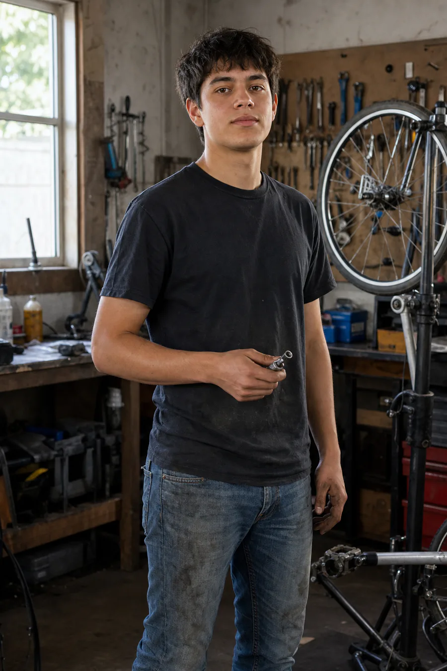 Illustration of a student working beside a bicycle in a workshop
