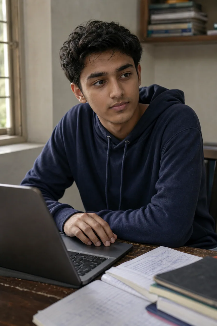 Illustration of a student seated at a laptop with books and notes