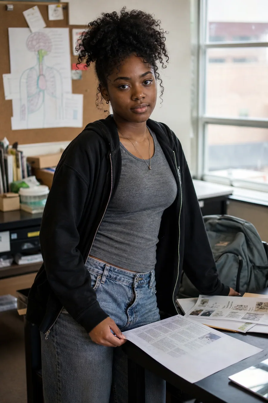 Illustration of a student holding a printed handout in a classroom