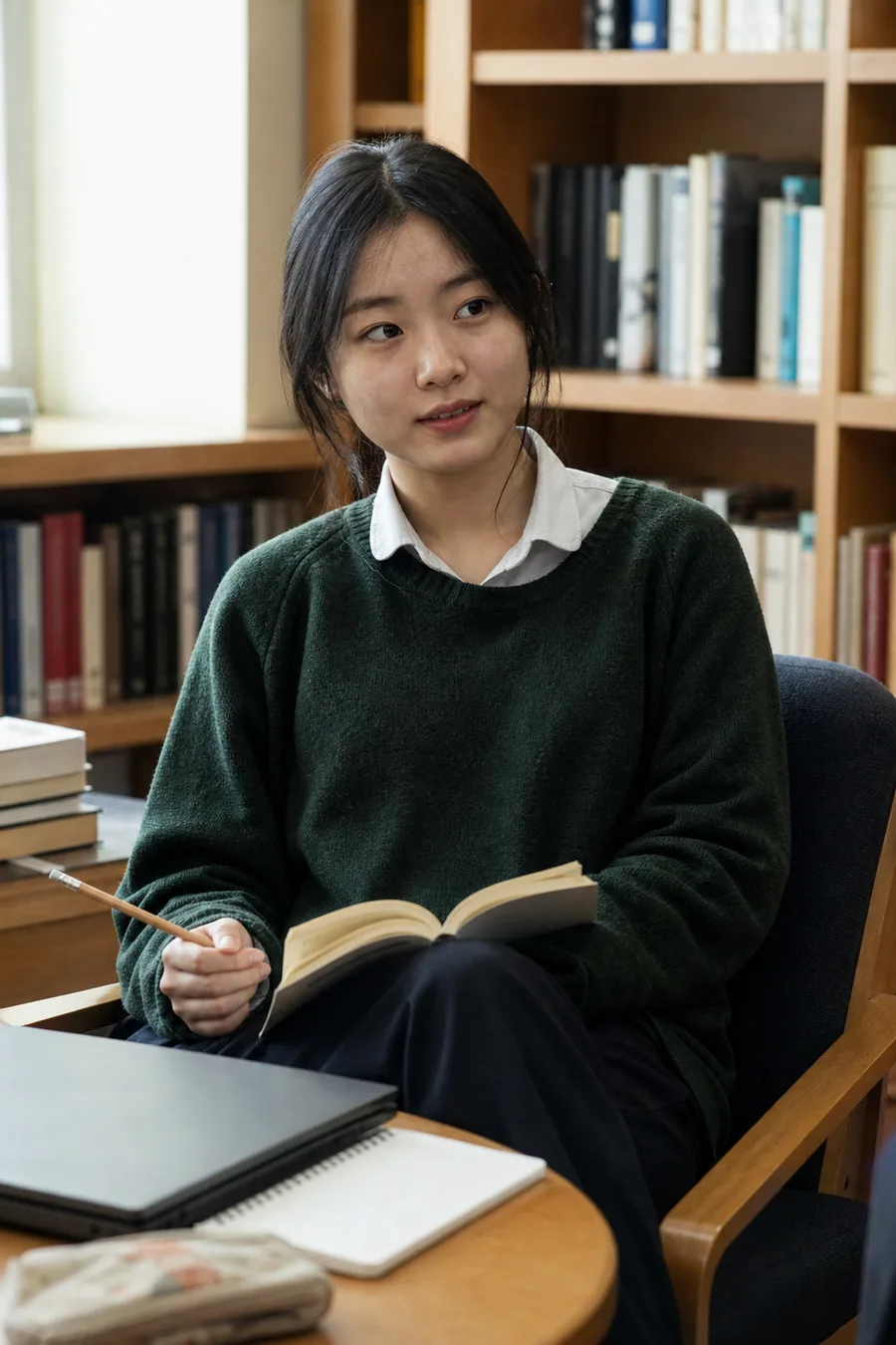 Illustration of a student holding an open book in a library